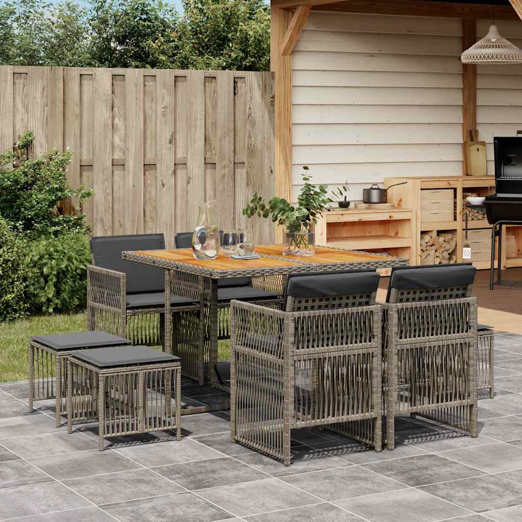 Set da Pranzo da Giardino 9 pz con Cuscini in Polyrattan Grigio