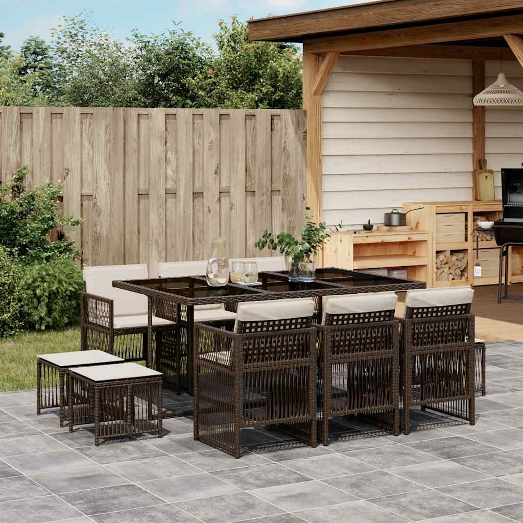 Set da Pranzo da Giardino 11 pz con Cuscini Polyrattan Marrone
