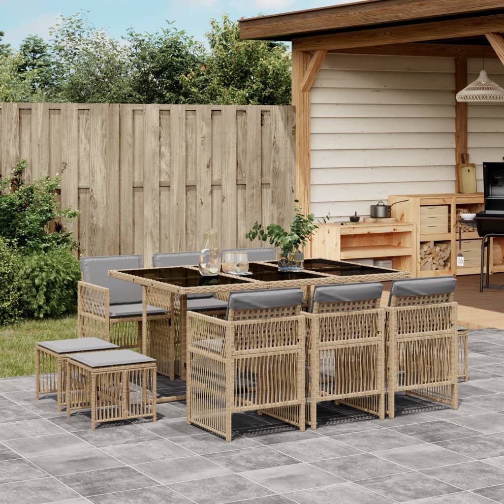 Set Pranzo da Giardino 11 pz con Cuscini Beige Misto Polyrattan