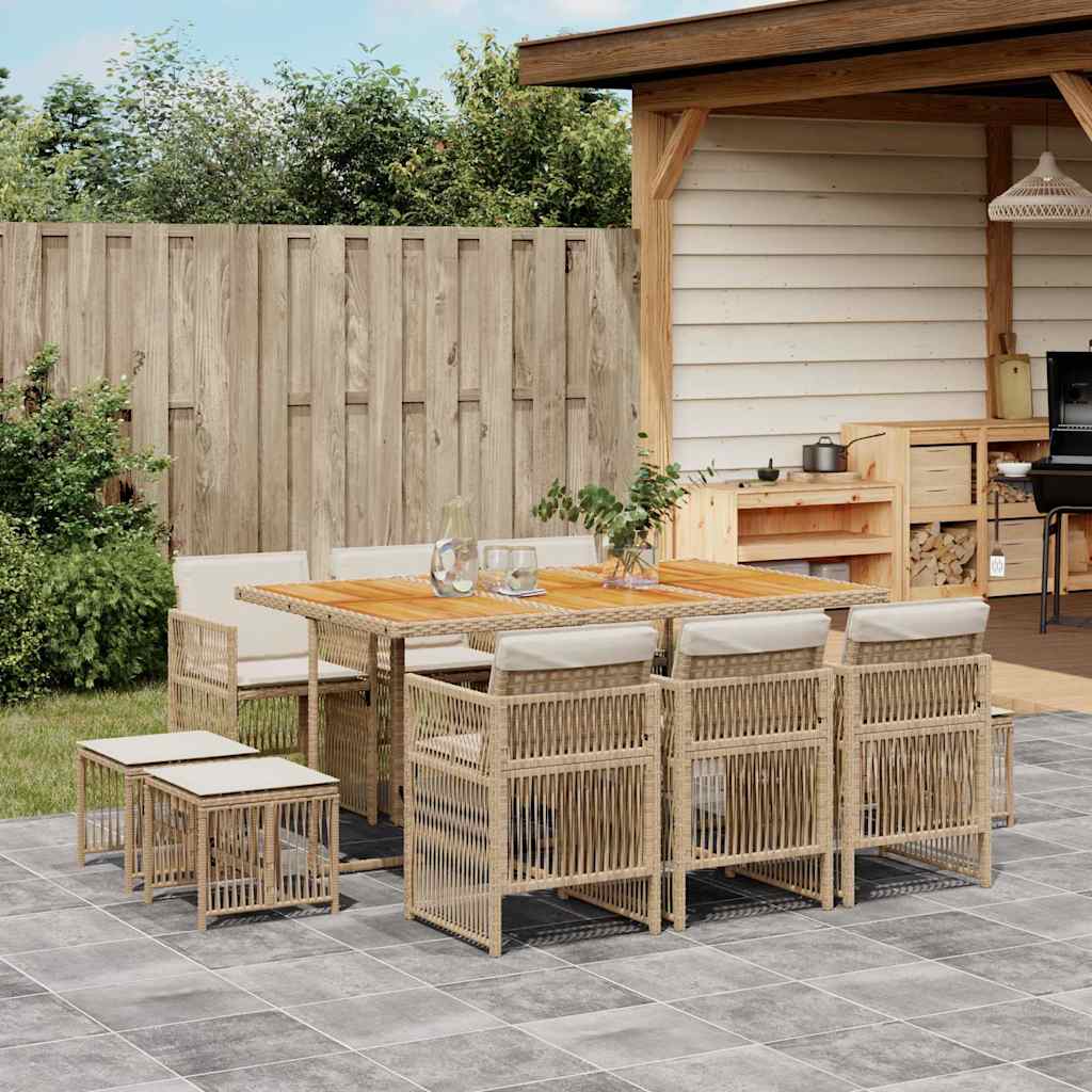 Set da Pranzo da Giardino 11 pz con Cuscini Beige in Polyrattan