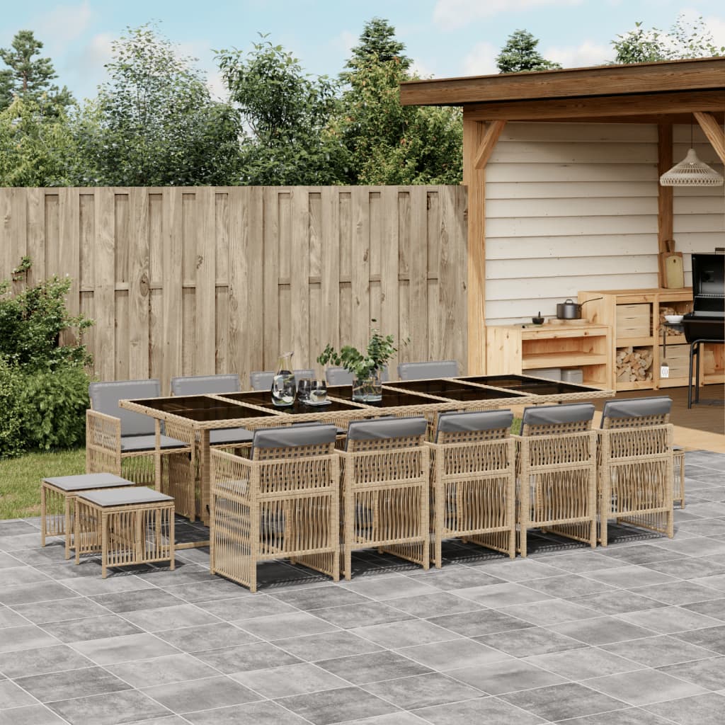 Set Pranzo da Giardino 15 pz con Cuscini Beige Misto Polyrattan