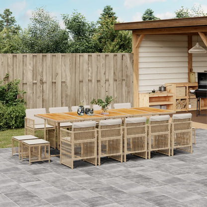 Set da Pranzo da Giardino 15 pz con Cuscini Beige in Polyrattan