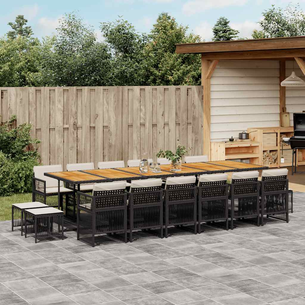 Set da Pranzo da Giardino 17 pz con Cuscini Nero in Polyrattan