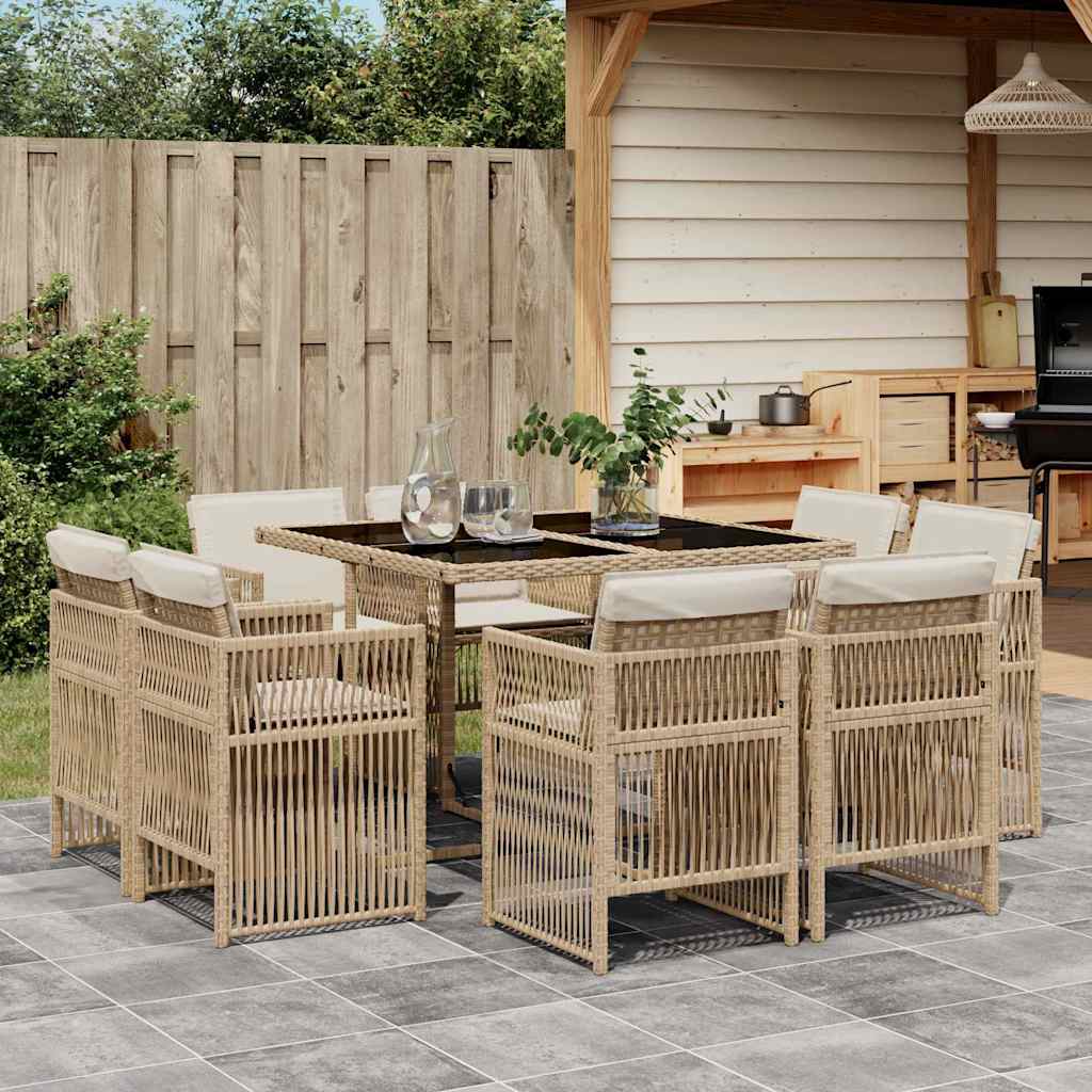 Set da Pranzo da Giardino 9 pz con Cuscini Beige in Polyrattan