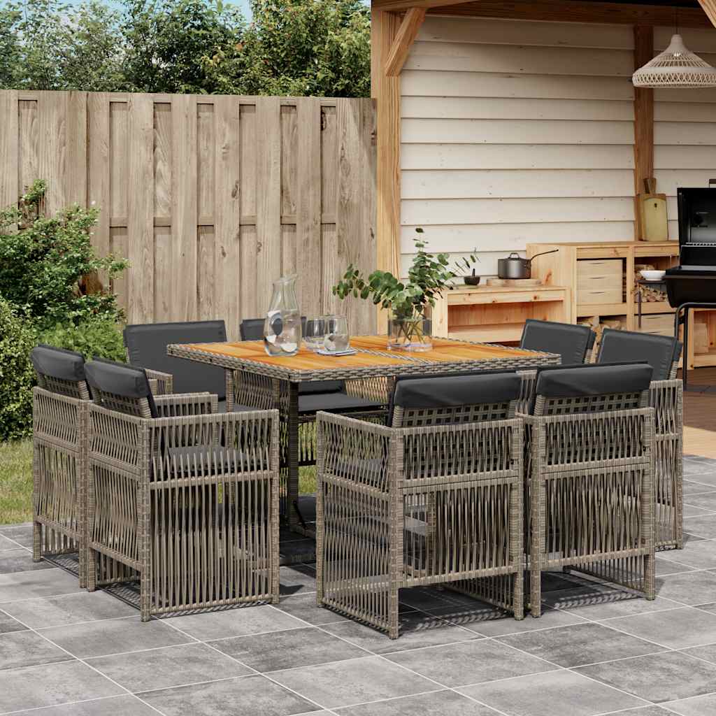 Set da Pranzo da Giardino 9 pz con Cuscini in Polyrattan Grigio