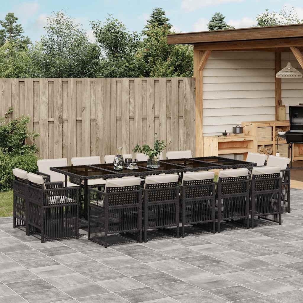 Set da Pranzo da Giardino 15 pz con Cuscini Nero in Polyrattan