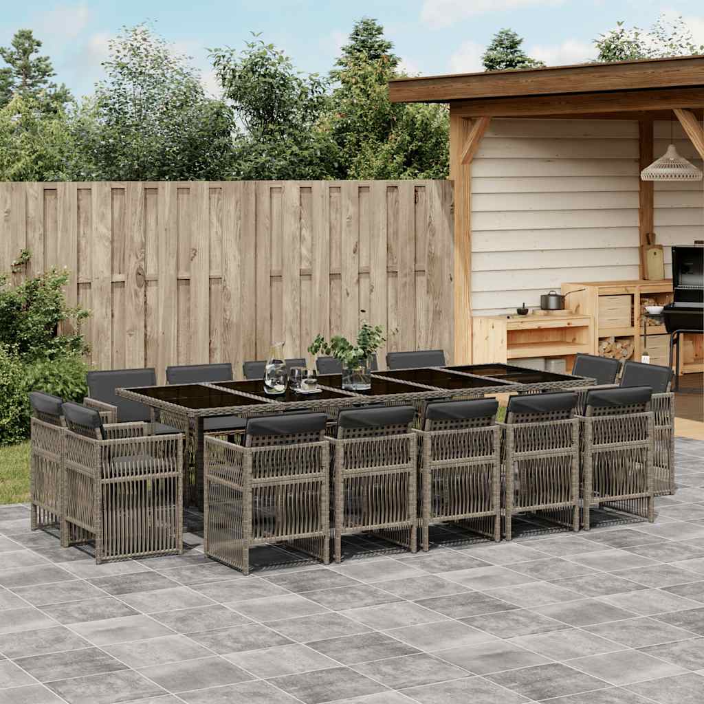 Set da Pranzo da Giardino 15 pz con Cuscini Grigio Polyrattan