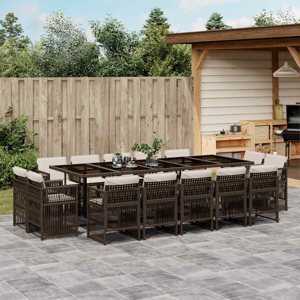 Set da Pranzo da Giardino 15 pz con Cuscini Marrone Polyrattan