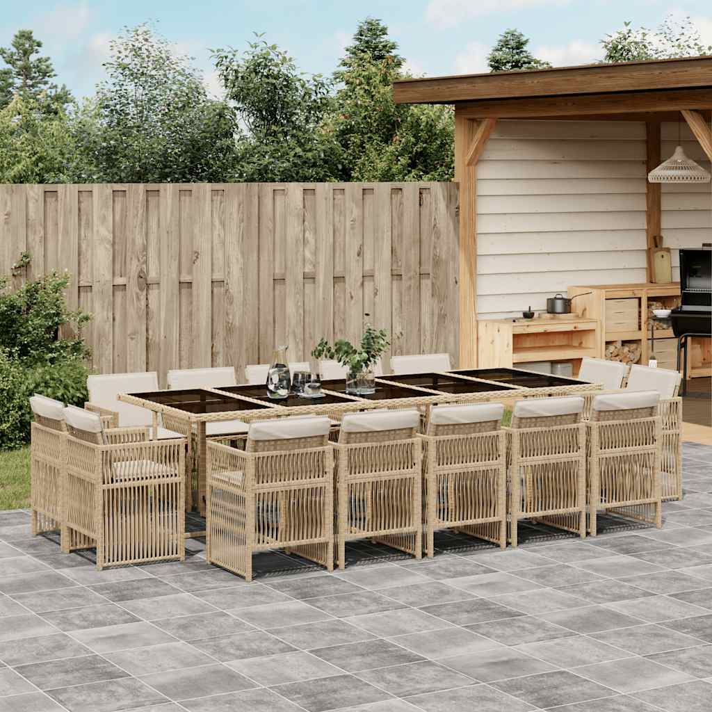 Set da Pranzo da Giardino 15 pz con Cuscini Beige in Polyrattan