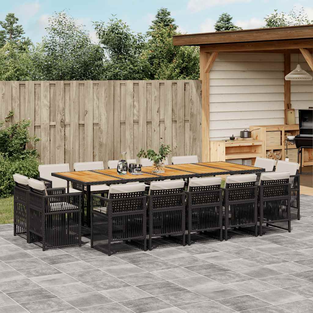 Set da Pranzo da Giardino 15 pz con Cuscini Nero in Polyrattan