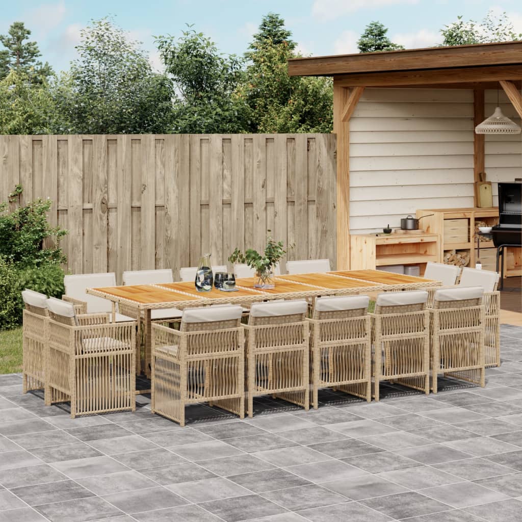 Set da Pranzo da Giardino 15 pz con Cuscini Beige in Polyrattan