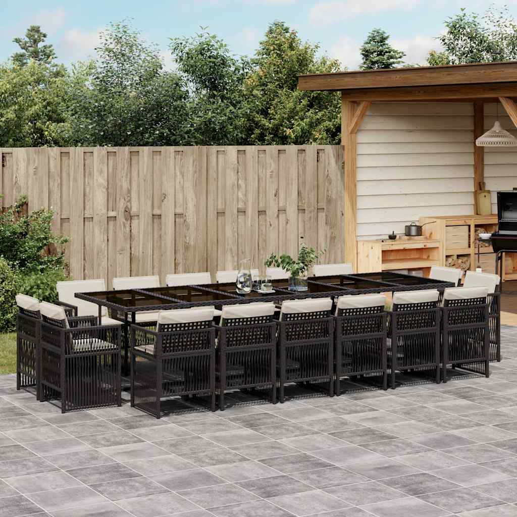 Set da Pranzo da Giardino 17 pz con Cuscini Nero in Polyrattan