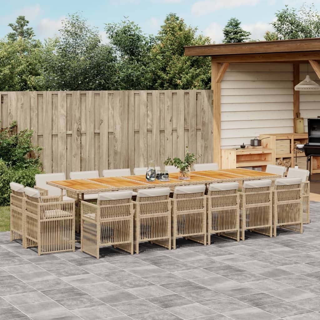 Set da Pranzo da Giardino 17 pz con Cuscini Beige in Polyrattan