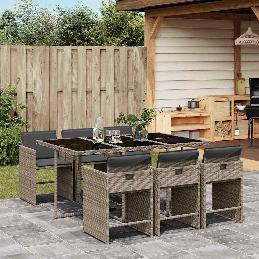 Set da Pranzo da Giardino 7 pz con Cuscini in Polyrattan Grigio