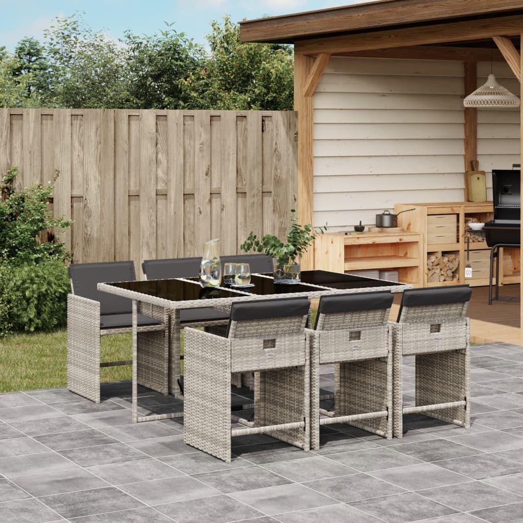 Set da Pranzo da Giardino 7 pz Cuscini Polyrattan Grigio Chiaro