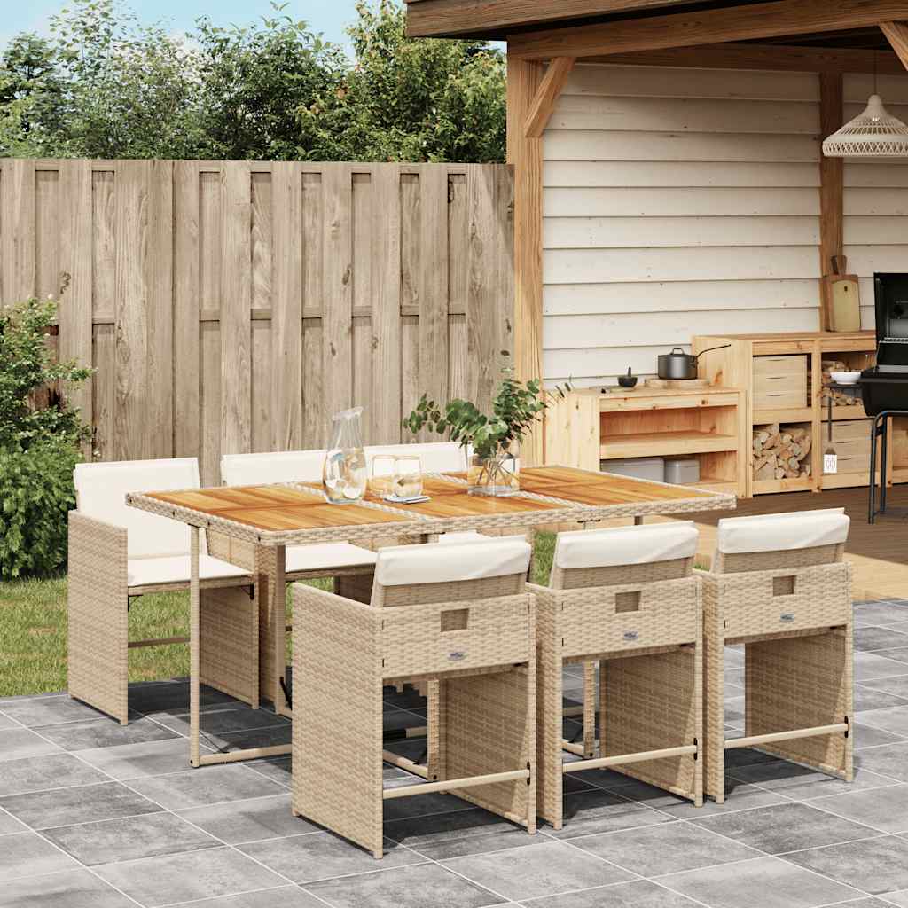 Set da Pranzo da Giardino 7 pz con Cuscini Beige in Polyrattan
