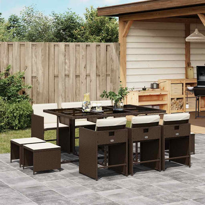 Set da Pranzo da Giardino 11 pz con Cuscini Polyrattan Marrone