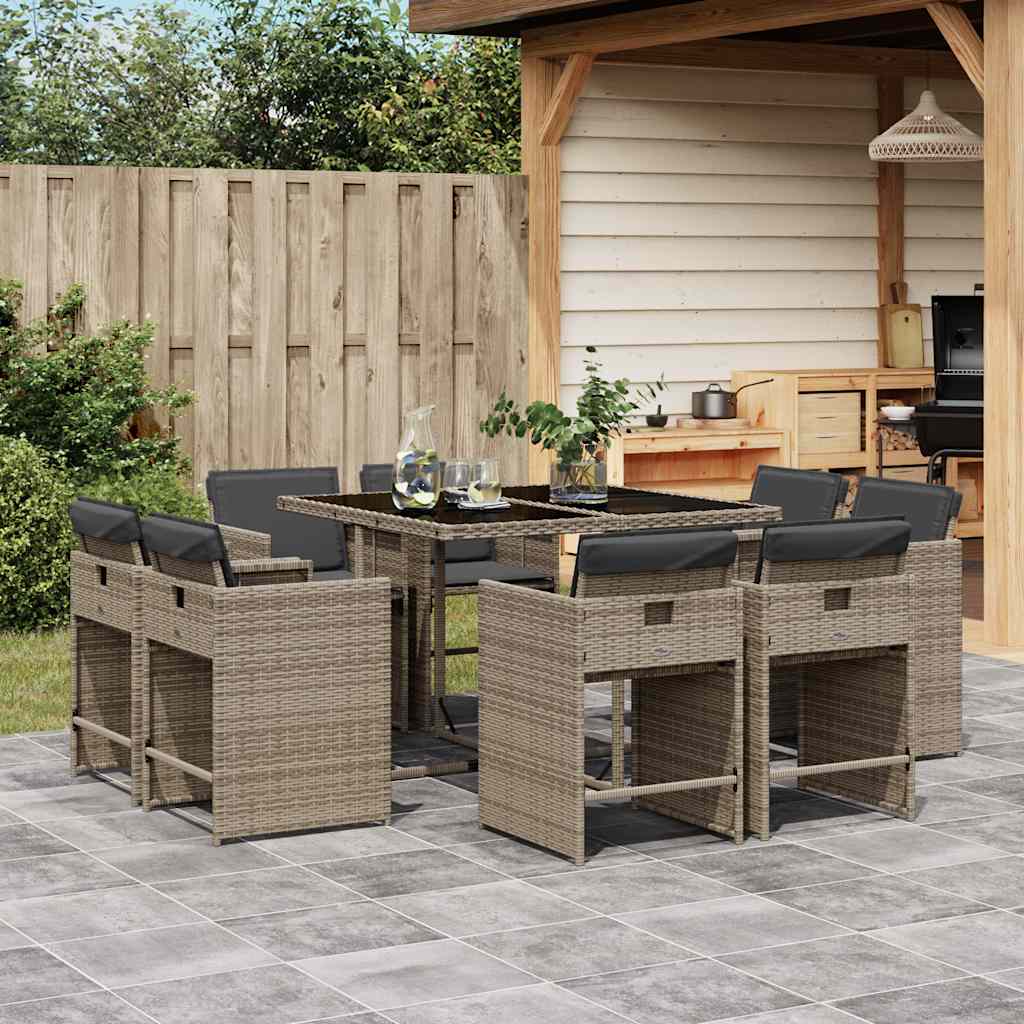 Set da Pranzo da Giardino 9 pz con Cuscini in Polyrattan Grigio