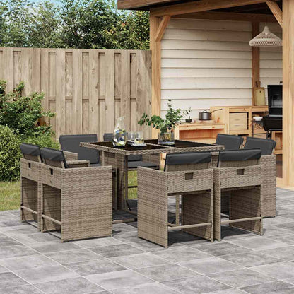 Set da Pranzo da Giardino 9 pz con Cuscini in Polyrattan Grigio