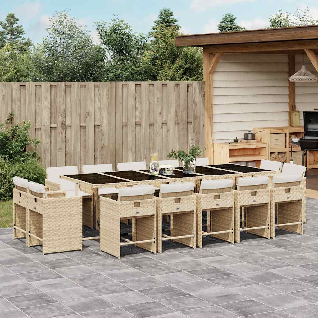 Set da Pranzo da Giardino 15 pz con Cuscini Beige in Polyrattan