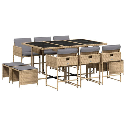 Set Pranzo da Giardino 11 pz con Cuscini Beige Misto Polyrattan