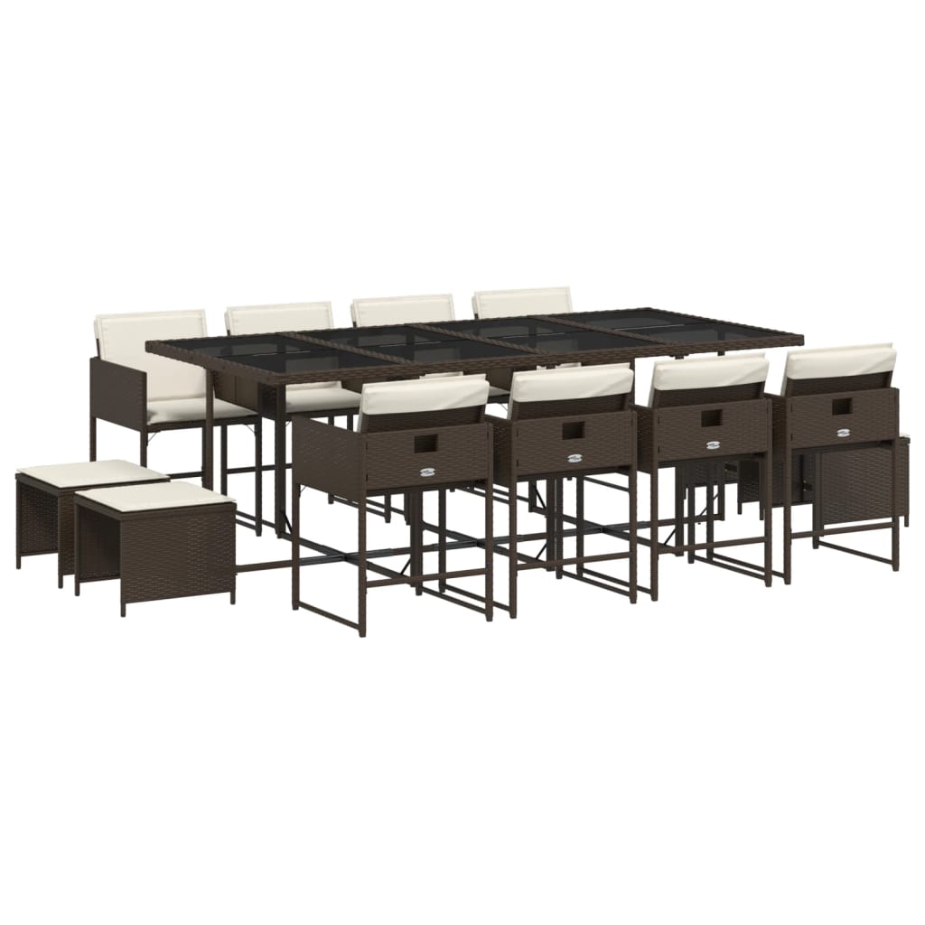 Set da Pranzo da Giardino 13pz con Cuscini Marrone Polyrattan