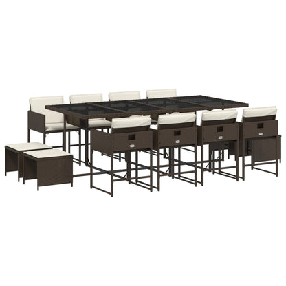 Set da Pranzo da Giardino 13pz con Cuscini Marrone Polyrattan