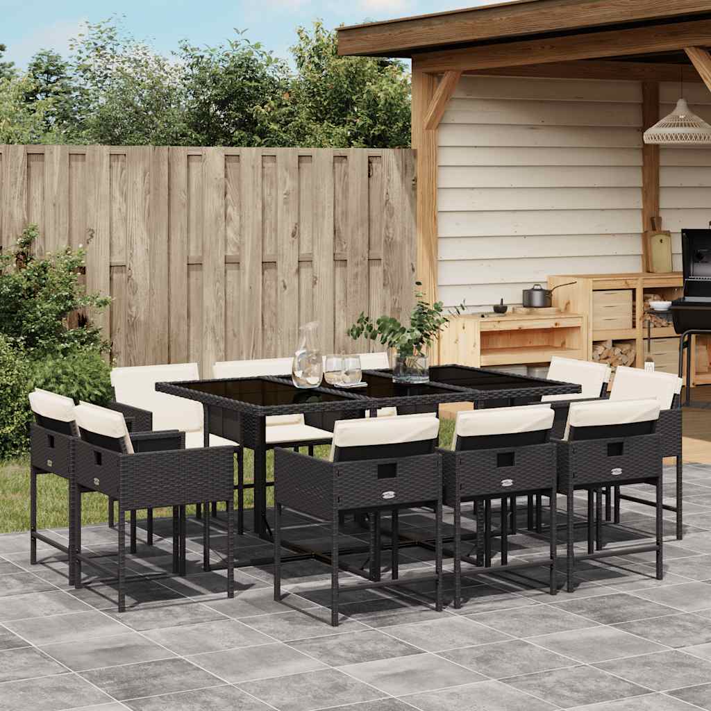 Set da Pranzo da Giardino 11 pz con Cuscini in Polyrattan Nero
