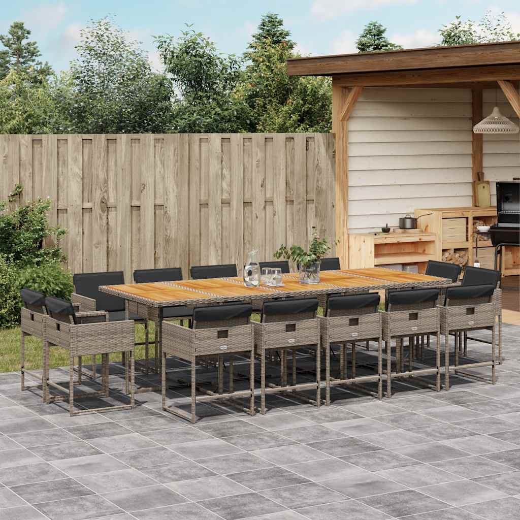 Set da Pranzo da Giardino 15 pz con Cuscini Grigio Polyrattan