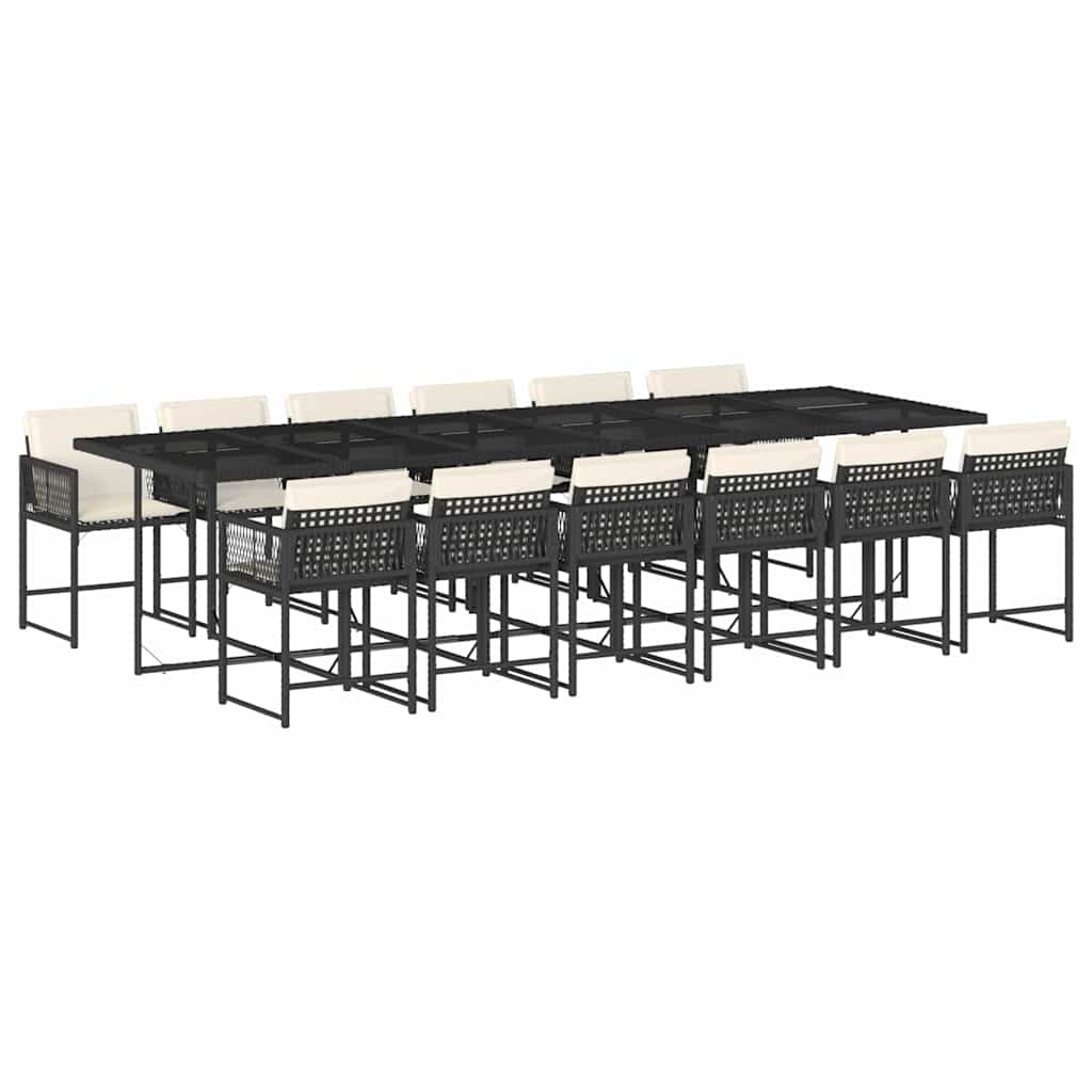 Set da Pranzo da Giardino 13pz con Cuscini Nero in Polyrattan