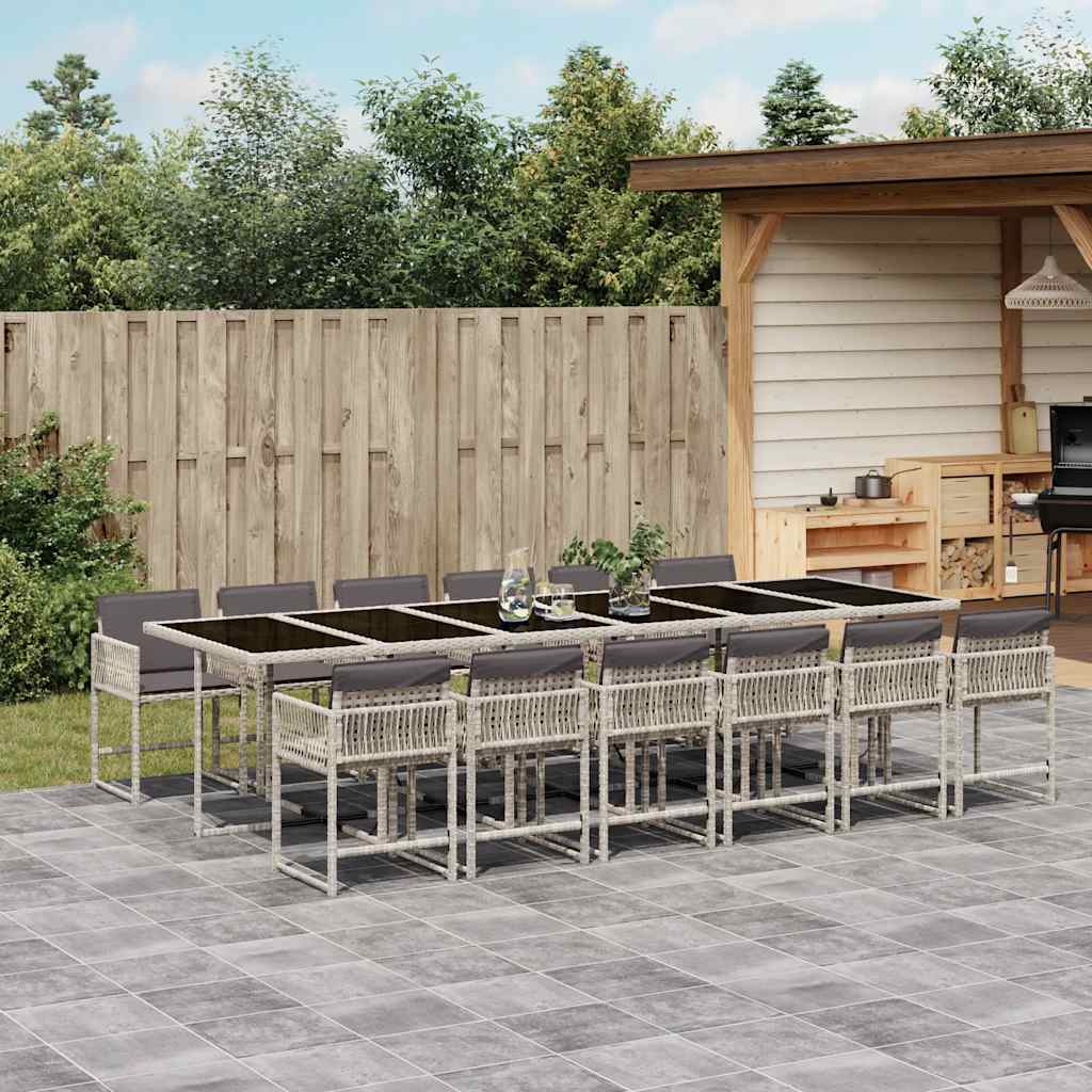 Set da Pranzo da Giardino 13pz con Cuscini Grigio in Polyrattan