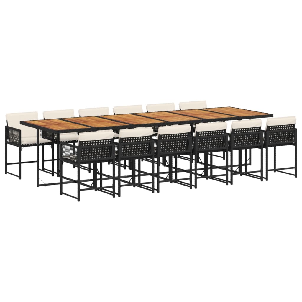 Set da Pranzo da Giardino 13pz con Cuscini Nero in Polyrattan