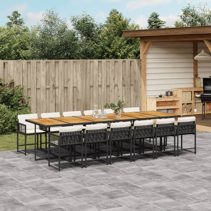 Set da Pranzo da Giardino 13pz con Cuscini Nero in Polyrattan