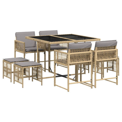 Set Pranzo da Giardino 9 pz con Cuscini Beige Misto Polyrattan