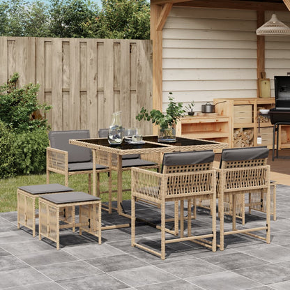 Set Pranzo da Giardino 9 pz con Cuscini Beige Misto Polyrattan