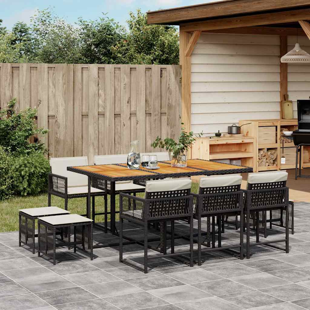 Set da Pranzo da Giardino 11 pz con Cuscini in Polyrattan Nero
