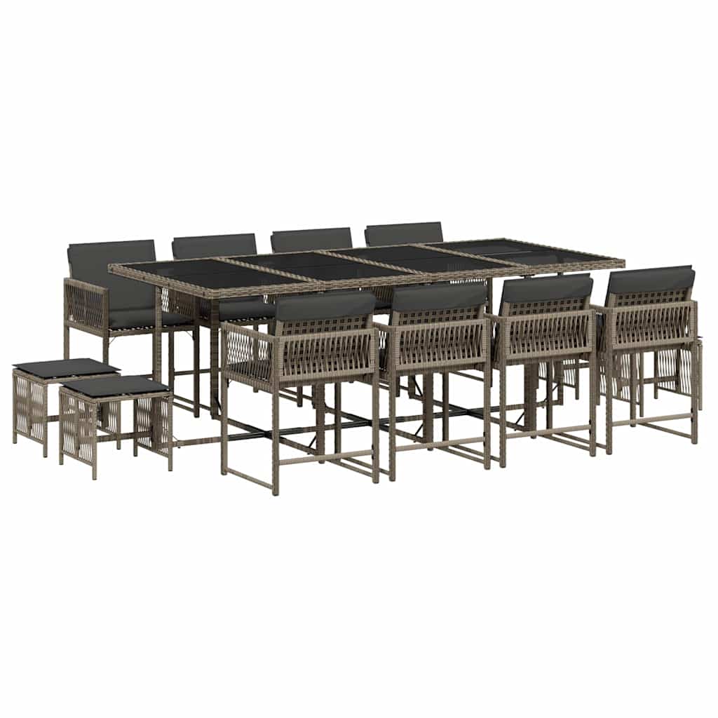 Set da Pranzo da Giardino 13pz con Cuscini Grigio in Polyrattan