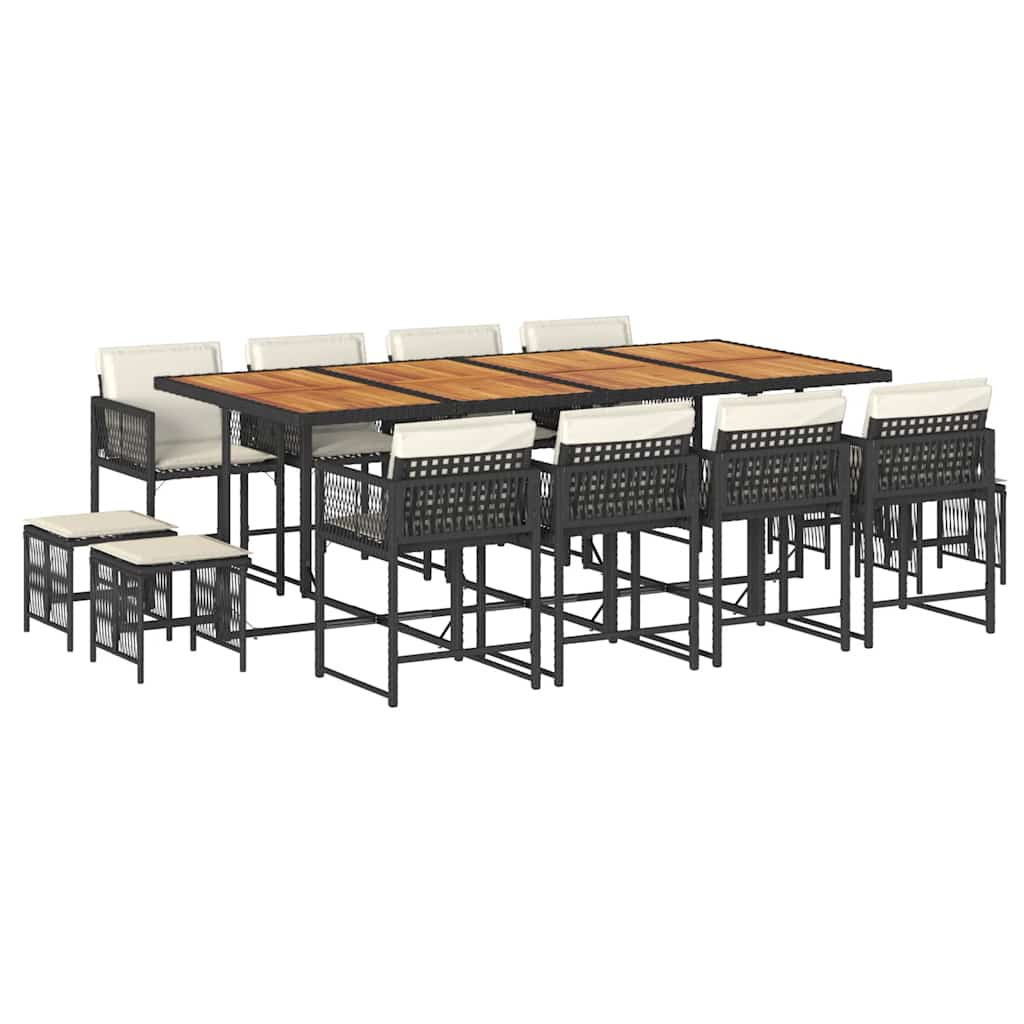 Set da Pranzo da Giardino 13pz con Cuscini Nero in Polyrattan