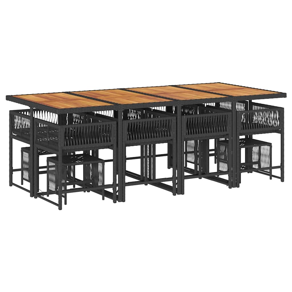 Set da Pranzo da Giardino 13pz con Cuscini Nero in Polyrattan