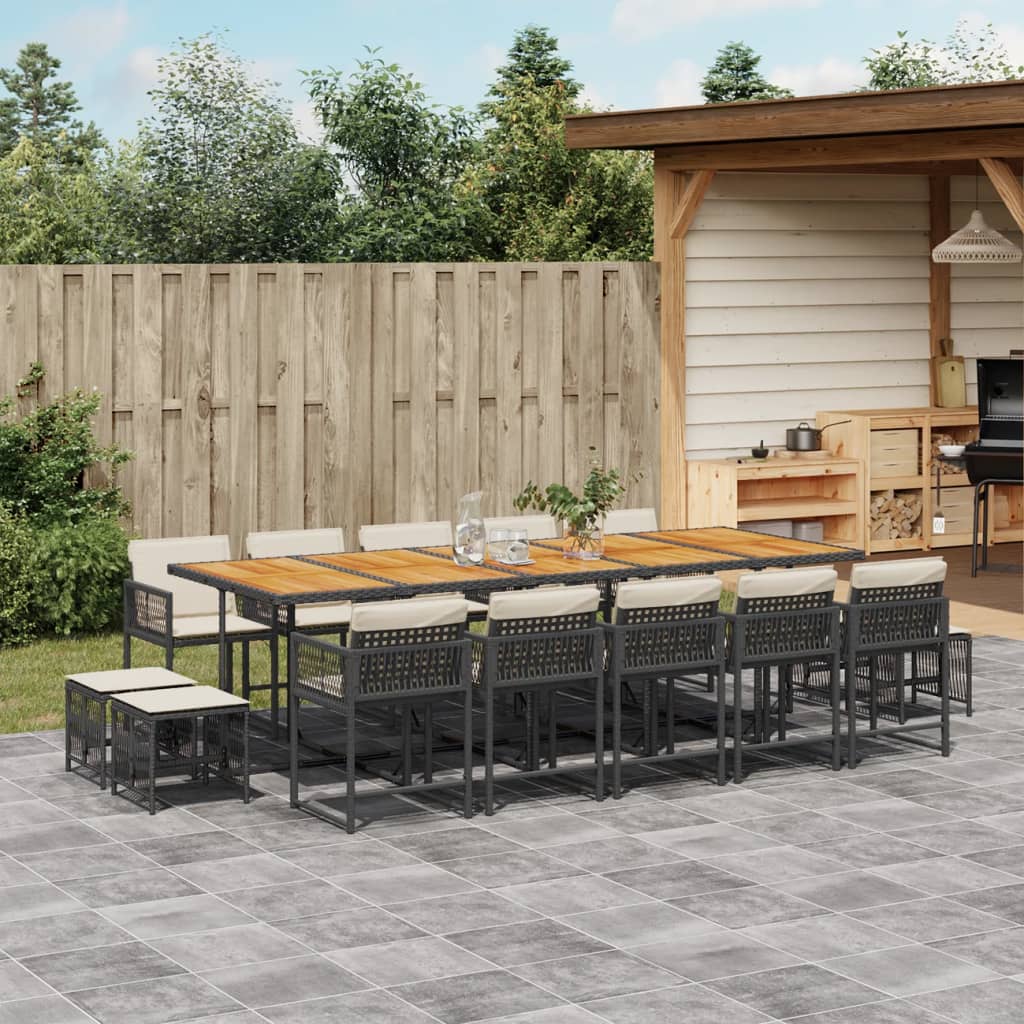 Set da Pranzo da Giardino 15 pz con Cuscini Nero in Polyrattan
