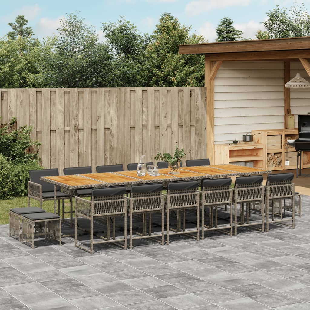 Set da Pranzo da Giardino 17pz con Cuscini Grigio in Polyrattan