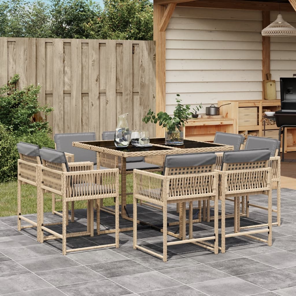 Set Pranzo da Giardino 9 pz con Cuscini Beige Misto Polyrattan