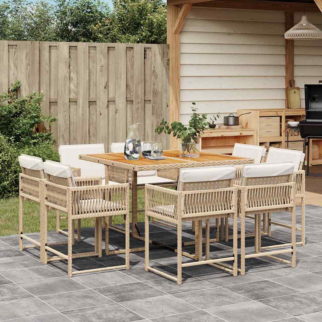 Set da Pranzo da Giardino 9 pz con Cuscini Beige in Polyrattan
