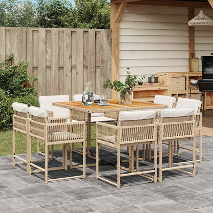 Set da Pranzo da Giardino 9 pz con Cuscini Beige in Polyrattan