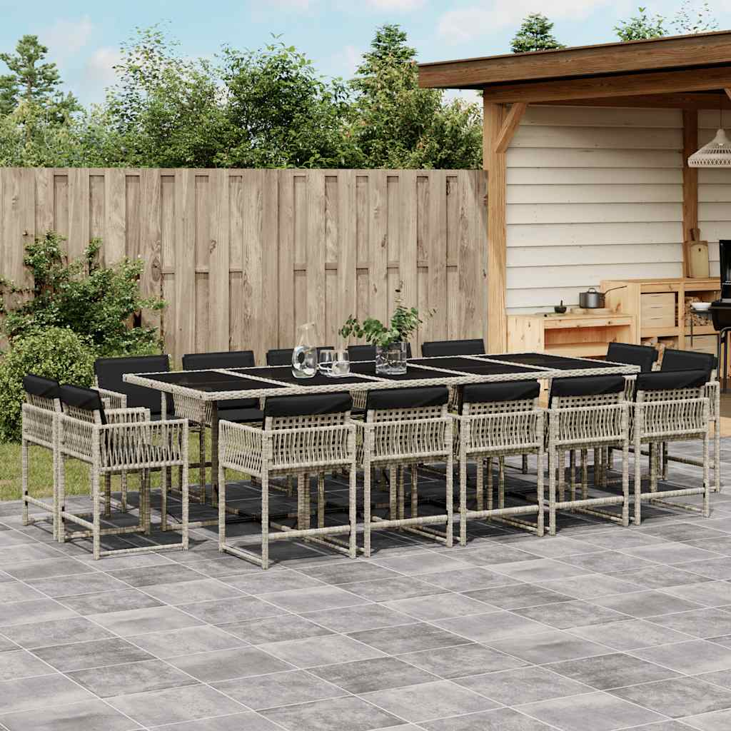 Set da Pranzo da Giardino 15 pz con Cuscini Grigio Polyrattan