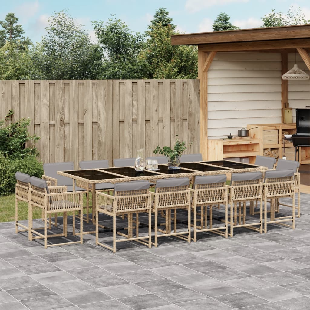 Set Pranzo da Giardino 15 pz con Cuscini Beige Misto Polyrattan