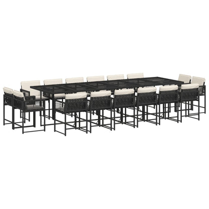 Set da Pranzo da Giardino 17 pz con Cuscini Nero in Polyrattan