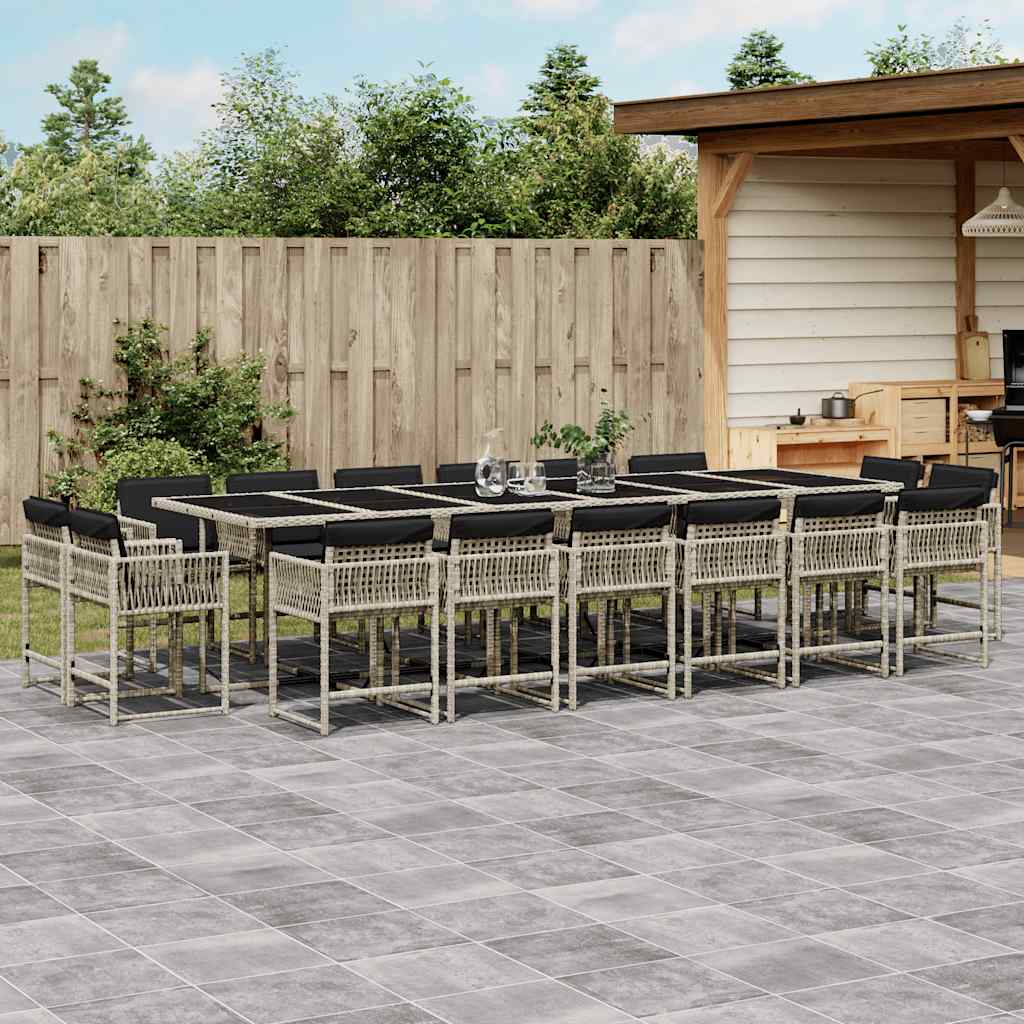 Set da Pranzo da Giardino 17pz con Cuscini Grigio in Polyrattan
