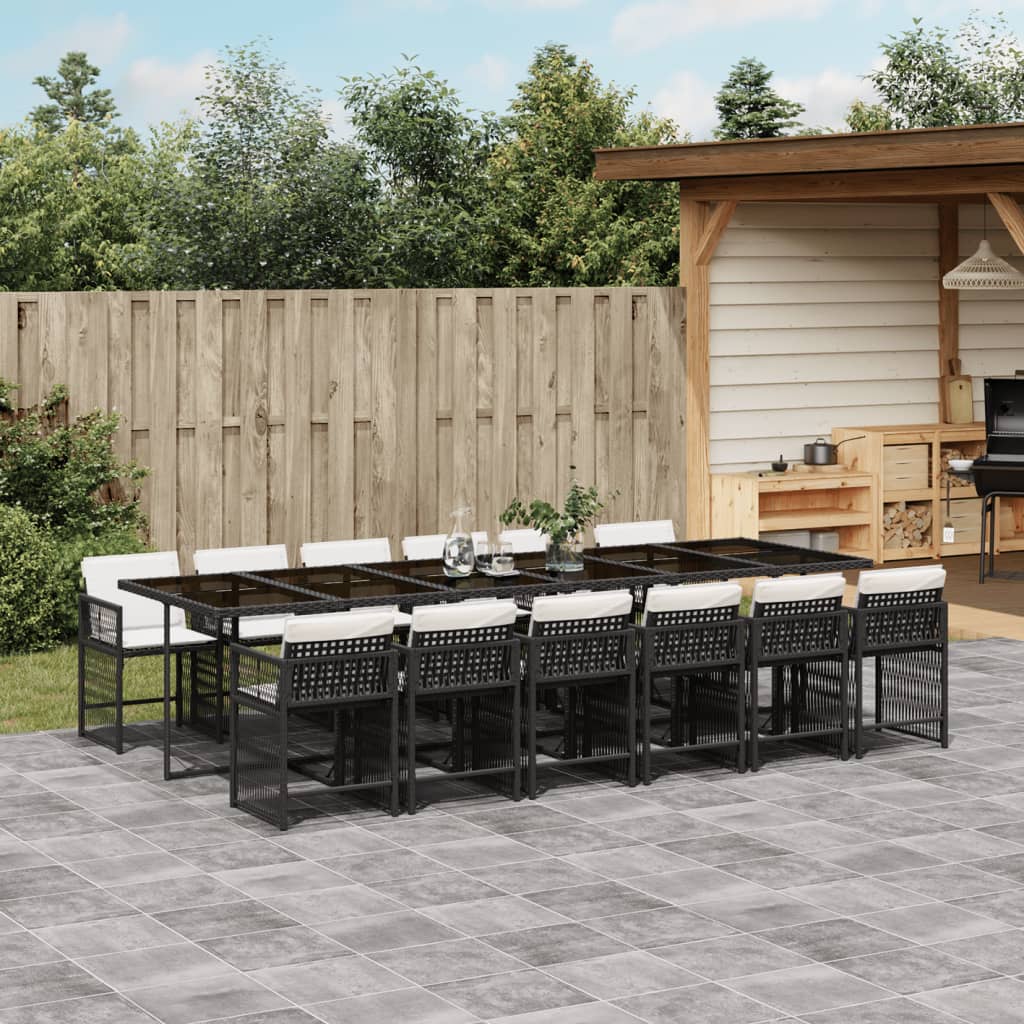Set da Pranzo da Giardino 13pz con Cuscini Nero in Polyrattan