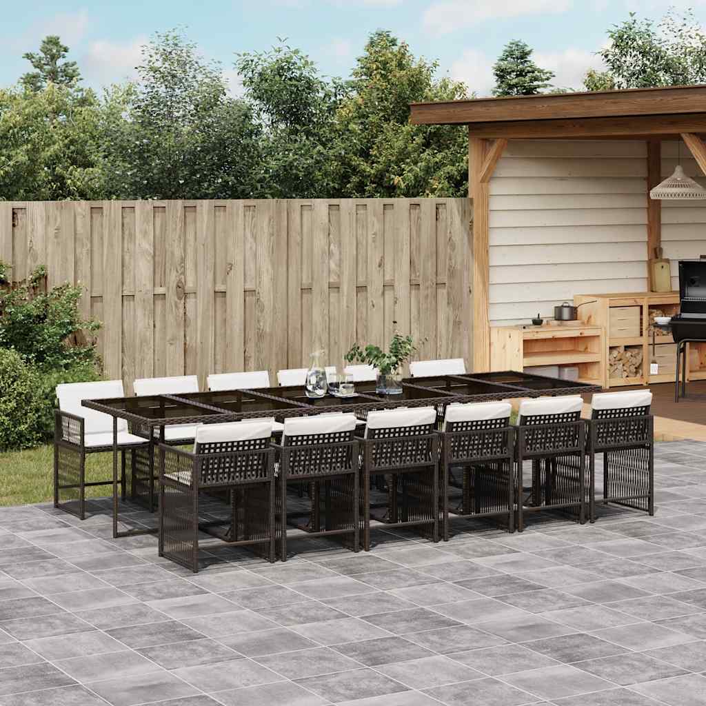 Set da Pranzo da Giardino 13pz con Cuscini Marrone Polyrattan